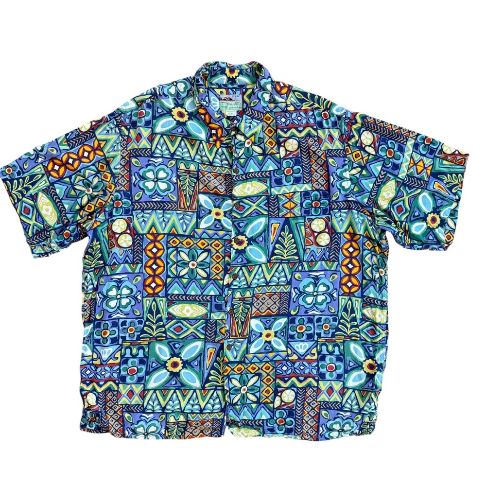 Reyn Spooner Hawaiian Shirt XXL Mens Blue Rayon Geometric Floral Short Sleeve